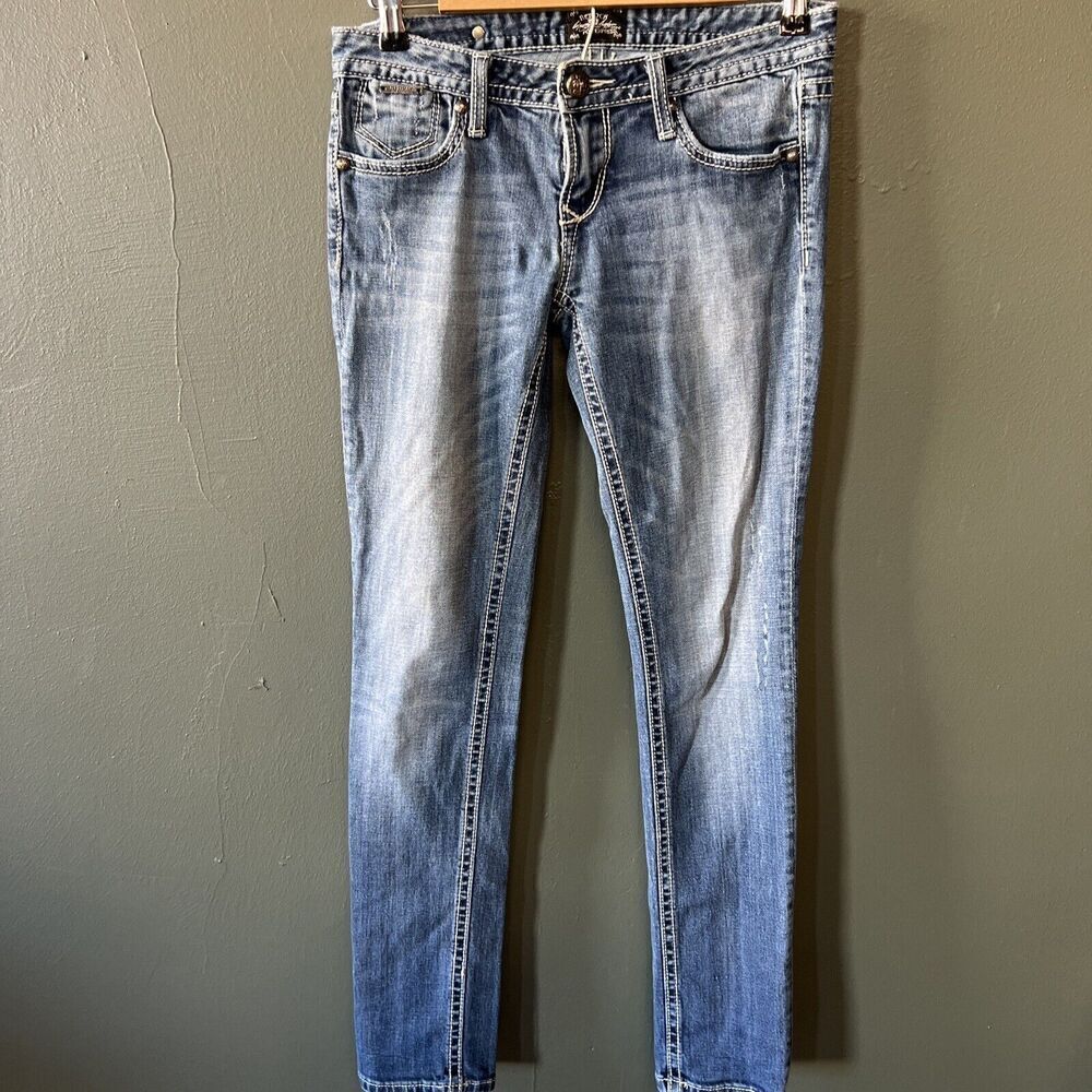 ReRock For Express Jeans Womens 4R Blue Denim Skinny Embroidered Hardware Logo